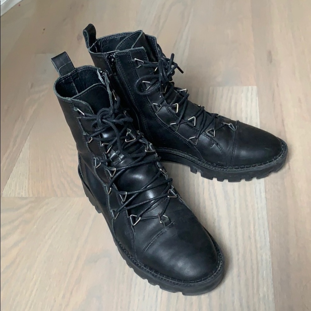 Zara Black Learher Combat Biker Boots Size 38